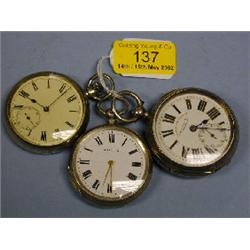 Three silver cased pocket watches, one hunter, one dial marked   Coastguards Watch  and one other