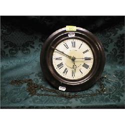 A 19thC. German mahogany bezelled postman alarm wall clock, 10" dia.