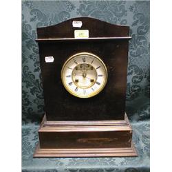 A 19thC. mahogany mantel clock with French 8-day movement, striking  on a bell, the 2-part enamel