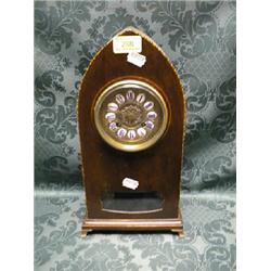 An Edwardian mahogany lancet clock with brass and enamel tablet dial,  8-day movement by Dumoulin
