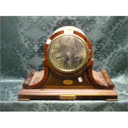 An Edwardian shell inlaid mahogany mantel clock with silvered dial,  8-day chiming movement and h