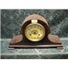 Image 1 : An Edwardian mahogany marquetry Napoleon's hat mantel clock with  cream enamel dial and 8-day mov
