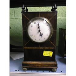 A mid 19thC. inlaid mahogany mantel clock with white enamel dial,     10"high. (AF)