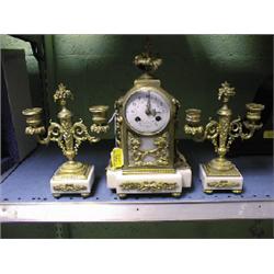 A 19thC. French gilt metal and white marble clock garniture, c.1890,  with a circular white ename