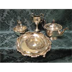 EPNS:  a salver with pie-crust edge, a sugar basket, teapot, circular  dish with pie-crust rim, a