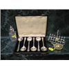 Image 1 : EPNS:  a 7-bar toast rack, a cut glass castor, cased set of soup  spoons, boxed set of dessert sp