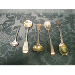 Five silver condiment spoons, Georgian and later, various dates and  hallmarks.