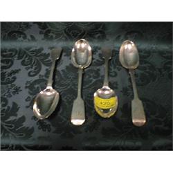 Four Victorian silver fiddle pattern dessert spoons, London 1953,  5ozs.