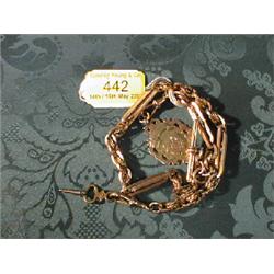 A 9ct gold longard, of multi bar and link construction, with attached  9ct gold fob, 15 1/2" long
