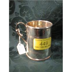A George V silver mug, straight sided with 2 bands of reeding, scroll  handle, Sheffield 1925, 3"