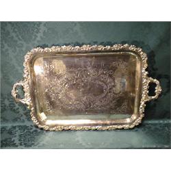An EPNS 2-handled tray, the raised edge heavily cast with flowers and  foliage, the centre engrav