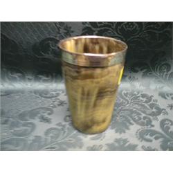 A horn beaker with glass bottom and silver mount, inscribed  'Darlington 1879', 4 3/4" high.