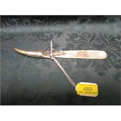 A Victorian silver and mother of pearl letter opener, with horn  shaped handle and birfucated and