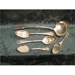 An EPNS sauce ladle, pair of berry spoons, 2 King's pattern preserve  spoons.