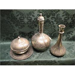 An Indian silver inlaid  bottle vase and cover, 12" high.  another of compressed baluster form, 9