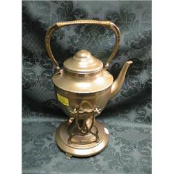 An EPNS spirit kettle and stand, of the Art Nouveau period, with  raffia handle, the stand with l