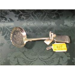 A George III silver sugar spoon, the shallow flat bowl with foliate  piercing, fiddle pattern han