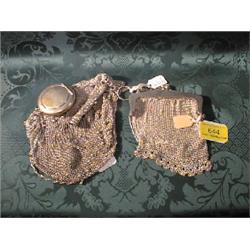 An Edwardian EPNS mesh purse with chain handle, another purse, with  silver pencil holder and pla