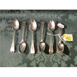 Set of 6 Georgian silver coffee spoons with bright-cut decoration and  pointed bowls.