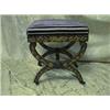 Image 1 : A 19thC. Dutch floral marquetry X-frame stool with striped upholstery  and wooden castors.