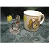 Image 1 : An opaque glass beaker, 1953, inscribed Kesteven, 5" high, a bone  china cup and saucer, a pottery