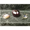 Image 1 : A Cranberry glass apple paperweight, a Venetian glass paperweight as  2 entwined birds in turquois