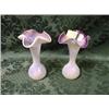 Image 1 : A near pair of opalescent white over purple glass vases with flared  rims.