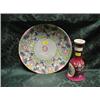 Image 1 : A Moscow porcelain wall plaque, the pale blue ground decorated with a  repeat pattern of pink flow