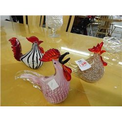 3 Art Glass Roosters