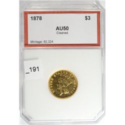1878 $3 GOLD PCI AU-50 CLEANED