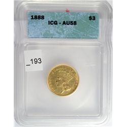1888 $3 GOLD ICG AU-58 RARE DATE ONLY 5,000 MINTED