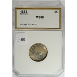 1883 NO CENTS V NICKEL PCI MS-66 GEM RAINBOW COLORS