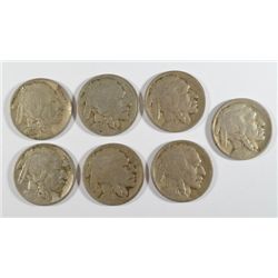 BUFFALO NICKELS: 1938-D XF, 1927-D G-VG, 1925-S VG, 1924-D VG, 1920-S G, 1919-S