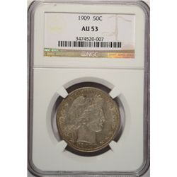 1909 BARBER HALF DOLLAR, NGC AU53