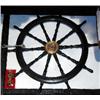 Image 1 : A large stained mahogany ships wheel with crude inscription "HMS York", diameter 115cm