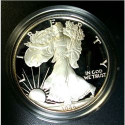 1986 PROOF AMERICAN SILVER EAGLE IN ORIGINAL BOX WITH CERTIFICATE