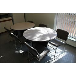 2 ROUND CONFERENCE TABLES AND 6 METAL FRAMED