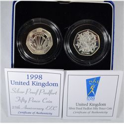 1998   Great Britain Sterling silver proof PIEDFORT 50 pence coin with COA