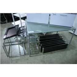 METAL SALON FURNITURE AND WOODEN SHELVING