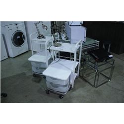 2 WHITE MOBILE BEAUTICIAN PRODUCT CARTS  AND LAMP