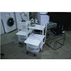 2 WHITE MOBILE BEAUTICIAN PRODUCT CARTS  AND LAMP