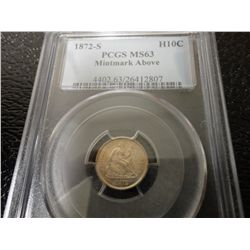 1872-S half dime pcgs ms63- mm above