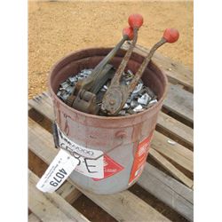 (1) BUCKET OF BANDING CLAMPS & TOOLS