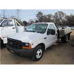 1999 FORD F350 XL DUALLY FLATBED, S/N 1FDWF36L6XEO86590, V8 GAS ENG, AUTO TRANS, A/C, P/S, 12' X 8' 