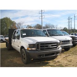 2003 FORD F350XL SUPER DUTY CREW CAB, S/N 1FDWW36P23EC81090, V8 DIESEL, A/T, P/S, 10' FLATBED, W/TOO