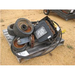 1 LOT MISC FORKLIFT SEATS & WHEELS, HOSES