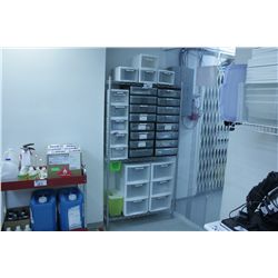 GREY 3 TIER METRO RACK WITH PLASTIC BINS AND