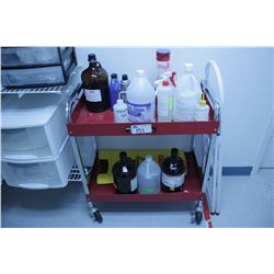 2 TIER RED MOBILE CART WITH FLUIDS, METAL RACKS