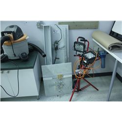VACUUM, DREMMELS, WORK LIGHT, EASLE AND WORK BENCH