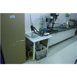 WORK TABLES, CLAMPS, PRESSES AND BOX OF MISC.